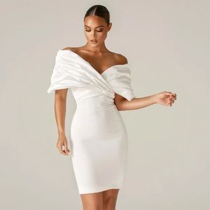 MARIBEL CREPE RUFFLE SHOULDER DRESS